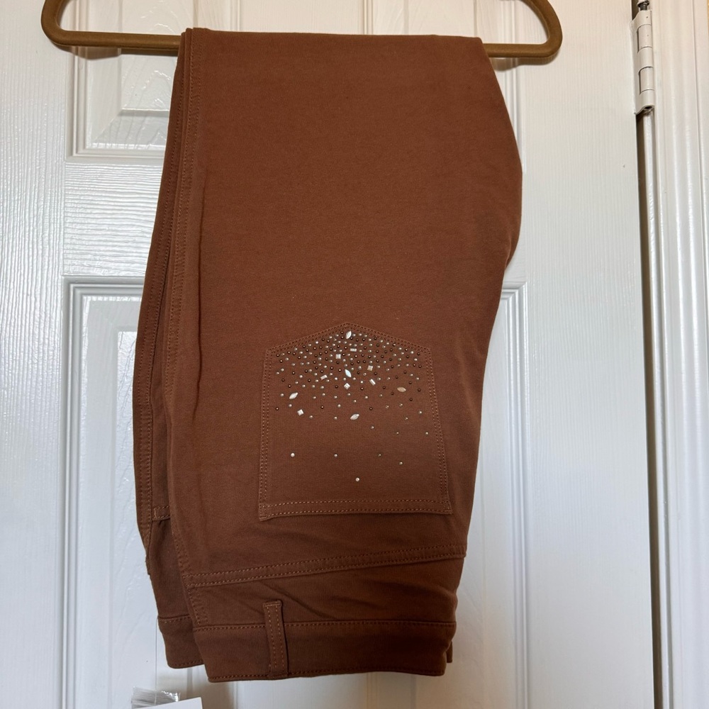 Dream Jeannes Quacker Factory Size 10 Short Stretchy Jeans Beaded pockets Tan